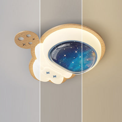 Modern Art Deco Spaceman Star Moon PE Rubberwood LED Kids Flush Mount Ceiling Light For Bedroom