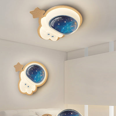 Modern Art Deco Spaceman Star Moon PE Rubberwood LED Kids Flush Mount Ceiling Light For Bedroom