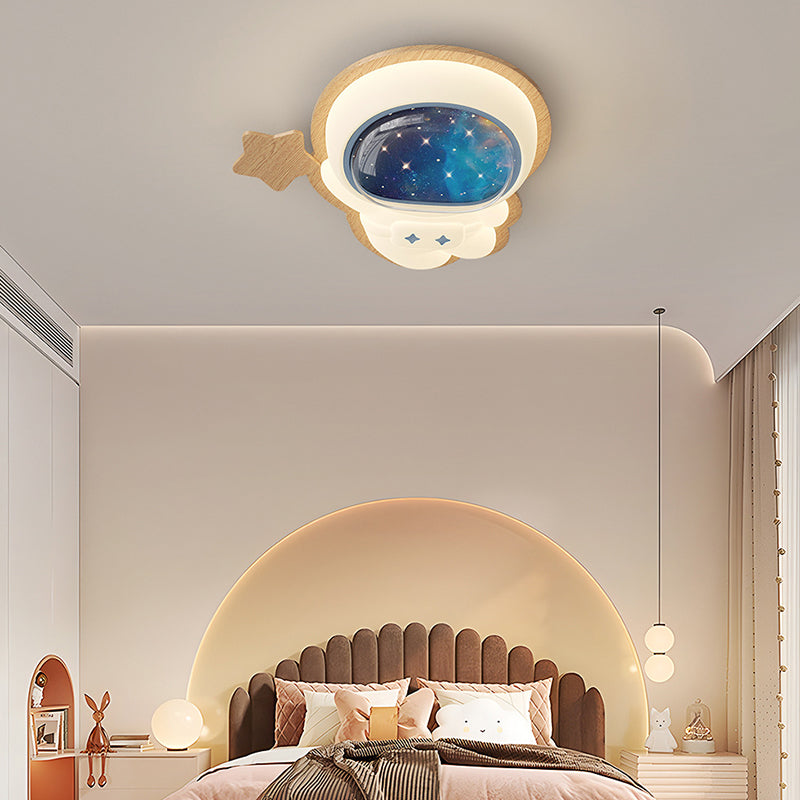 Modern Art Deco Spaceman Star Moon PE Rubberwood LED Kids Flush Mount Ceiling Light For Bedroom