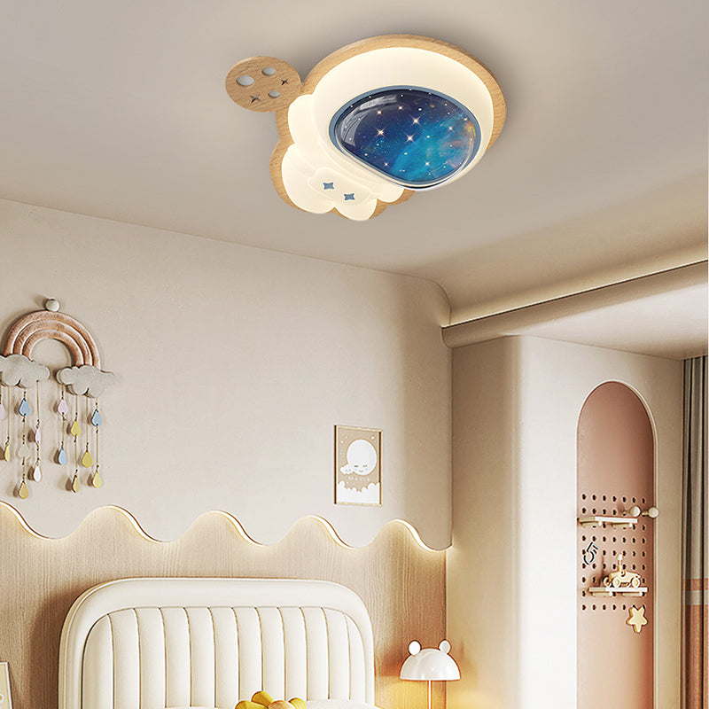 Modern Art Deco Spaceman Star Moon PE Rubberwood LED Kids Flush Mount Ceiling Light For Bedroom