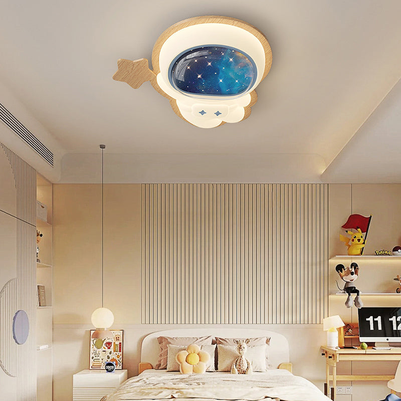 Modern Art Deco Spaceman Star Moon PE Rubberwood LED Kids Flush Mount Ceiling Light For Bedroom