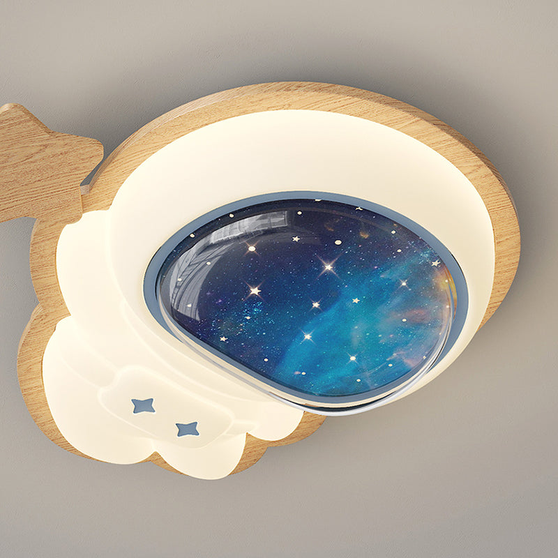 Modern Art Deco Spaceman Star Moon PE Rubberwood LED Kids Flush Mount Ceiling Light For Bedroom