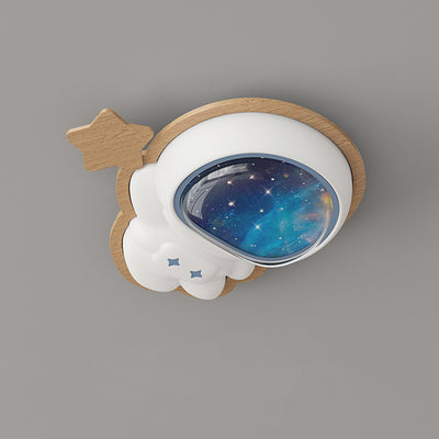 Modern Art Deco Spaceman Star Moon PE Rubberwood LED Kids Flush Mount Ceiling Light For Bedroom