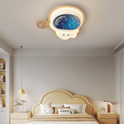 Modern Art Deco Spaceman Star Moon PE Rubberwood LED Kids Flush Mount Ceiling Light For Bedroom