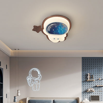 Modern Art Deco Spaceman Star Moon PE Rubberwood LED Kids Flush Mount Ceiling Light For Bedroom