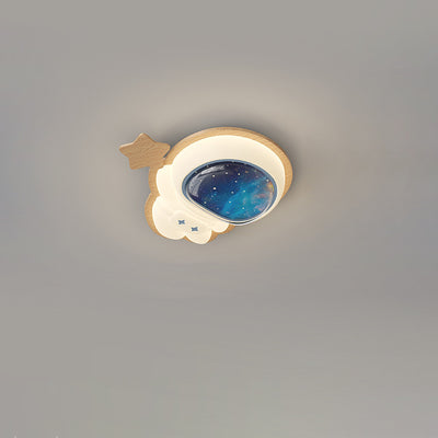 Modern Art Deco Spaceman Star Moon PE Rubberwood LED Kids Flush Mount Ceiling Light For Bedroom