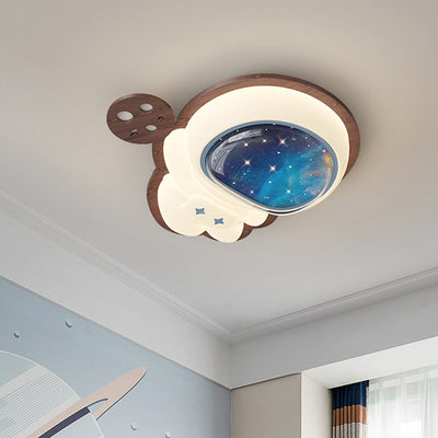 Modern Art Deco Spaceman Star Moon PE Rubberwood LED Kids Flush Mount Ceiling Light For Bedroom