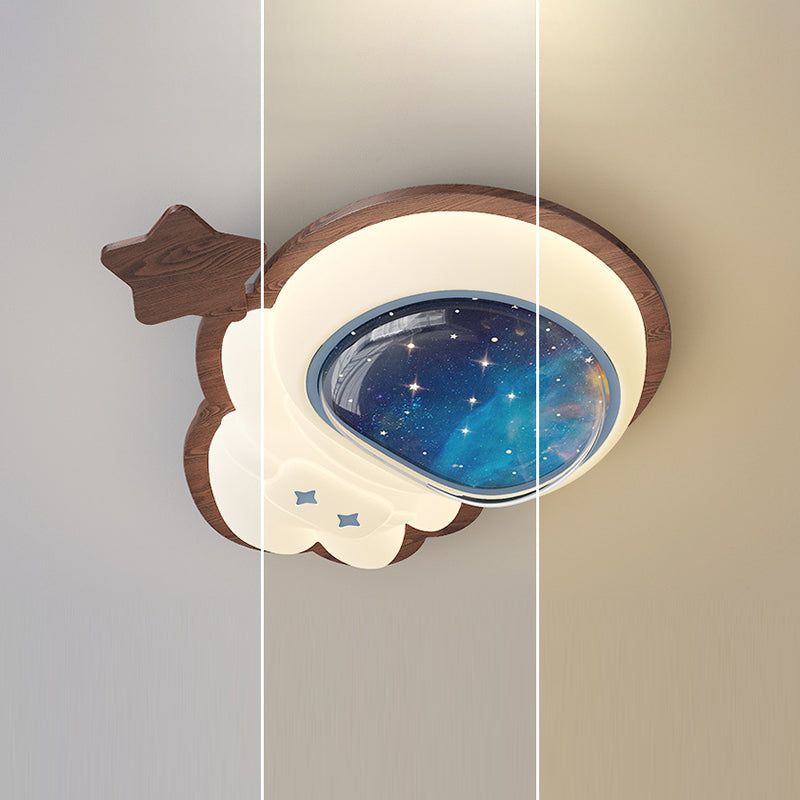 Modern Art Deco Spaceman Star Moon PE Rubberwood LED Kids Flush Mount Ceiling Light For Bedroom