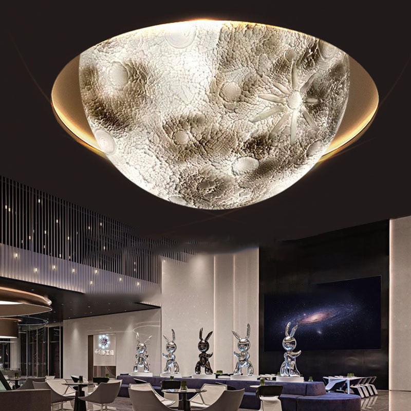 Modern Minimalist Semicircle Embossed Moon Resin LED Flush Mount Ceiling Light For Living Room