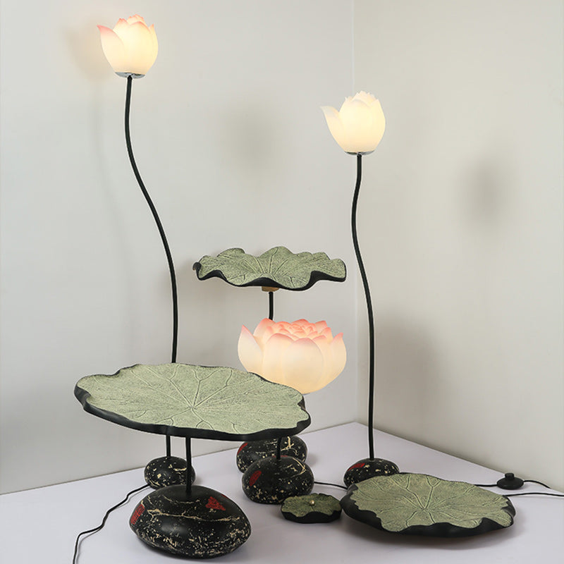 Traditional Chinese Small Lotus Round Resin Hardware 1-Light Standing Floor Lamp For Living Room