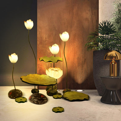 Traditional Chinese Small Lotus Round Resin Hardware 1-Light Standing Floor Lamp For Living Room