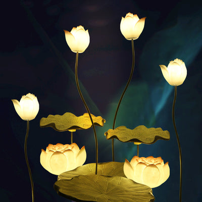 Traditional Chinese Small Lotus Round Resin Hardware 1-Light Standing Floor Lamp For Living Room