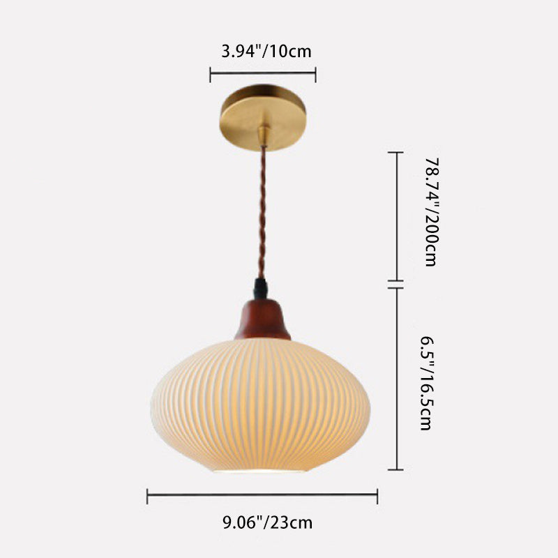 Traditional Japanese Dwarf Mushroom Lantern Ceramic Solid Wood Iron 1-Light Pendant Light For Bedroom