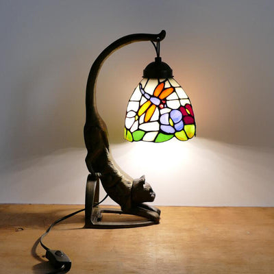 Traditional Tiffany Curved Flower Round Glass Iron 1-Light Table Lamp For Living Room