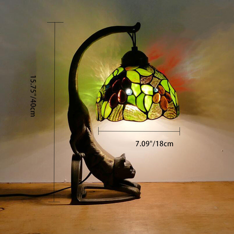 Traditional Tiffany Grape Leaf Curved Round Glass Iron 1-Light Table Lamp For Living Room