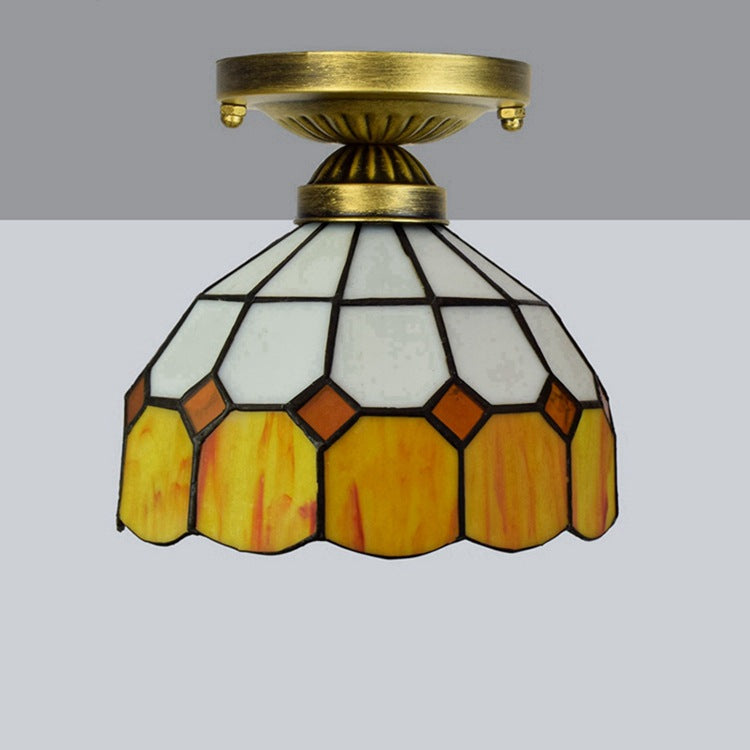 Traditional Tiffany Semi-Round Opening Glass Iron 1-Light Semi-Flush Mount Ceiling Light For Living Room