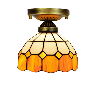 Traditional Tiffany Semi-Round Opening Glass Iron 1-Light Semi-Flush Mount Ceiling Light For Living Room