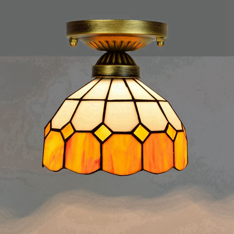 Traditional Tiffany Semi-Round Opening Glass Iron 1-Light Semi-Flush Mount Ceiling Light For Living Room