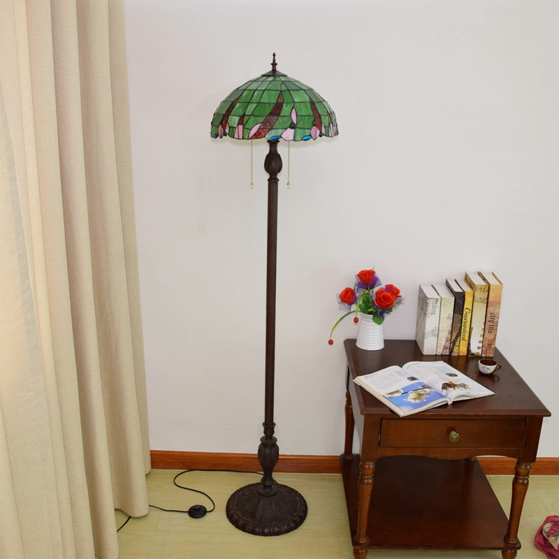 Traditional Tiffany Umbrella Round Glass Resin Iron 3-Light Standing Floor Lamp For Bedroom