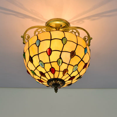 Traditional Tiffany Basket Semi-Round Beads Glass Iron 2-Light Semi-Flush Mount Ceiling Light For Living Room