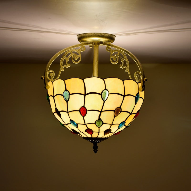 Traditional Tiffany Basket Semi-Round Beads Glass Iron 2-Light Semi-Flush Mount Ceiling Light For Living Room