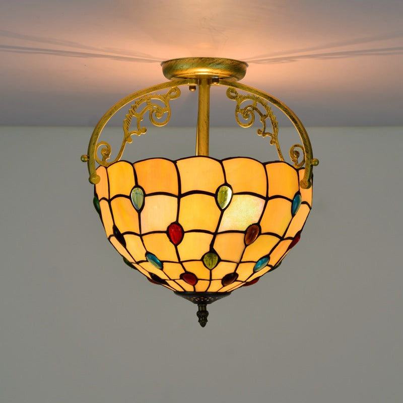 Traditional Tiffany Basket Semi-Round Beads Glass Iron 2-Light Semi-Flush Mount Ceiling Light For Living Room