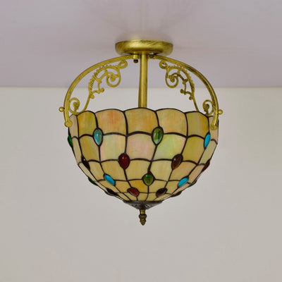 Traditional Tiffany Basket Semi-Round Beads Glass Iron 2-Light Semi-Flush Mount Ceiling Light For Living Room