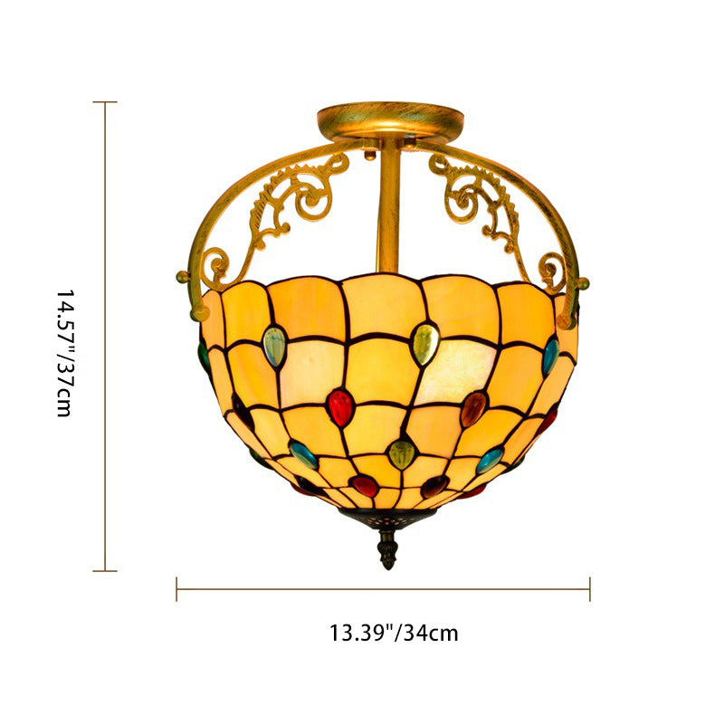 Traditional Tiffany Basket Semi-Round Beads Glass Iron 2-Light Semi-Flush Mount Ceiling Light For Living Room