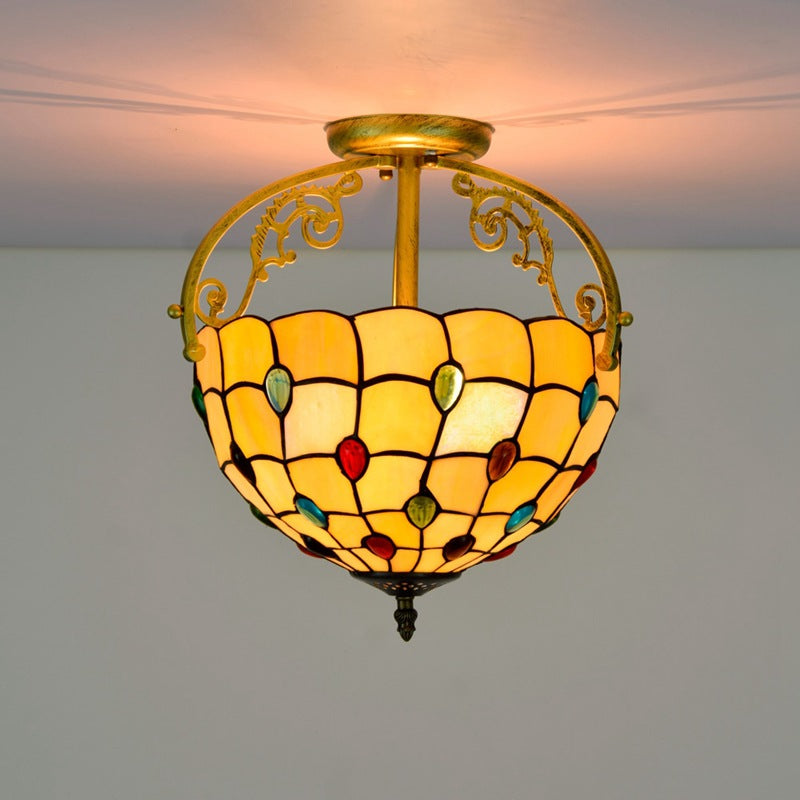 Traditional Tiffany Basket Semi-Round Beads Glass Iron 2-Light Semi-Flush Mount Ceiling Light For Living Room