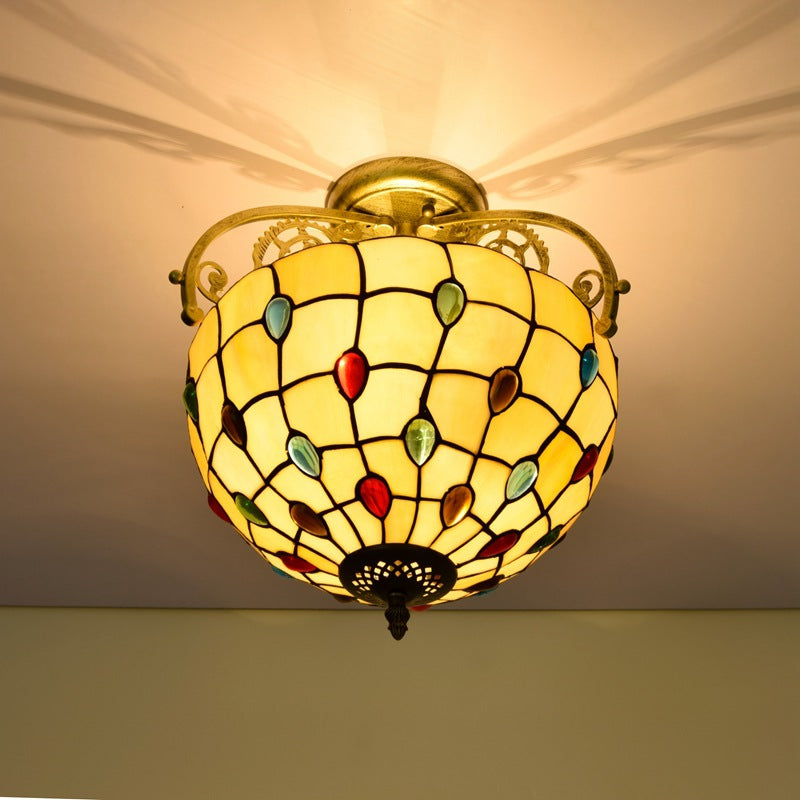 Traditional Tiffany Basket Semi-Round Beads Glass Iron 2-Light Semi-Flush Mount Ceiling Light For Living Room