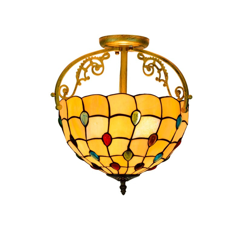 Traditional Tiffany Basket Semi-Round Beads Glass Iron 2-Light Semi-Flush Mount Ceiling Light For Living Room