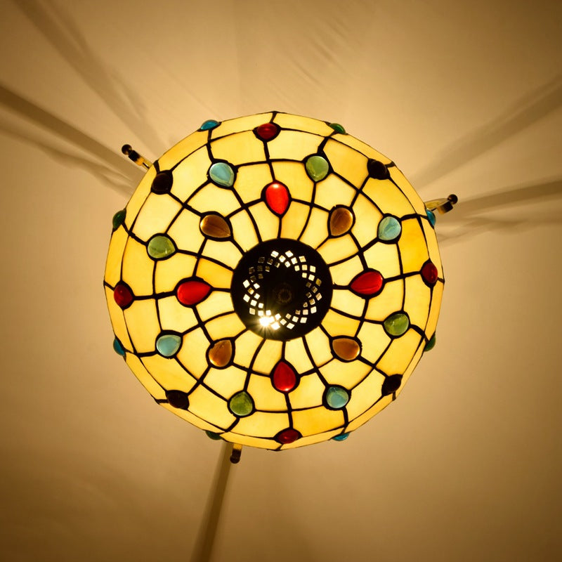 Traditional Tiffany Basket Semi-Round Beads Glass Iron 2-Light Semi-Flush Mount Ceiling Light For Living Room