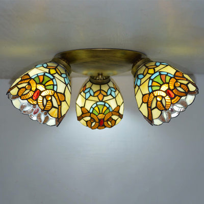 Traditional Tiffany Branch Round Square Glass Iron 3-Light Semi-Flush Mount Ceiling Light For Living Room