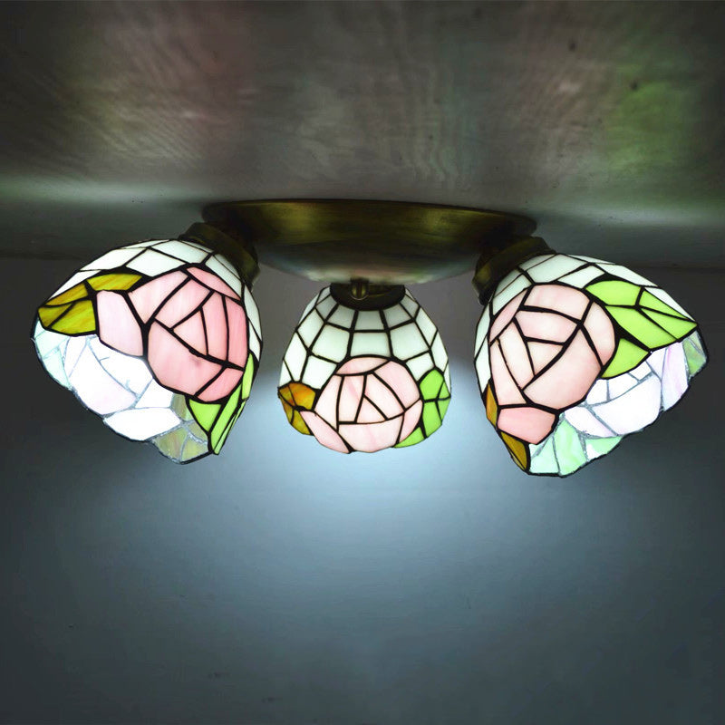 Traditional Tiffany Branch Round Square Glass Iron 3-Light Semi-Flush Mount Ceiling Light For Living Room