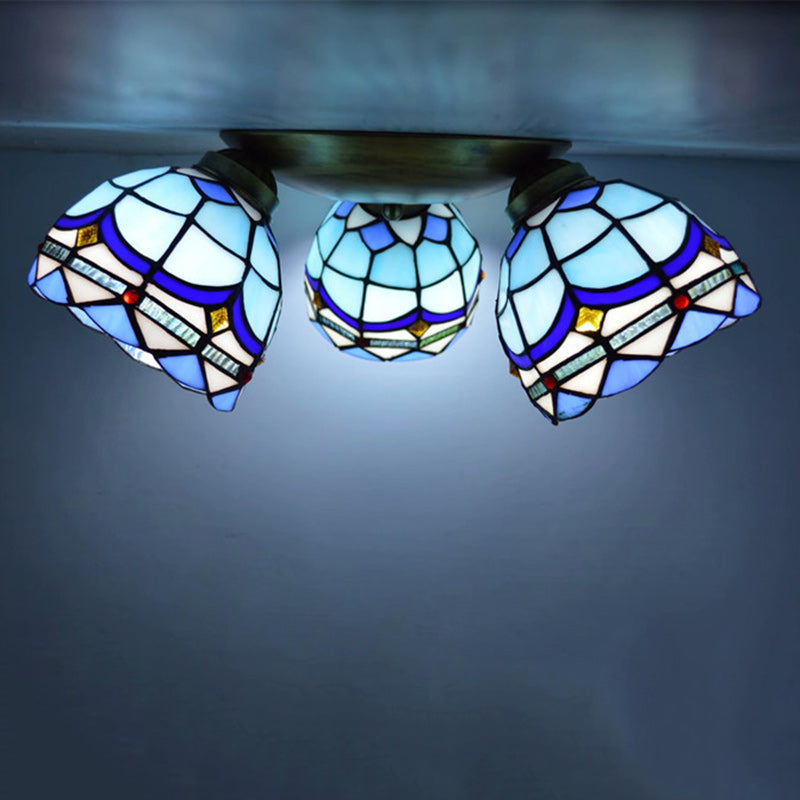 Traditional Tiffany Branch Round Square Glass Iron 3-Light Semi-Flush Mount Ceiling Light For Living Room