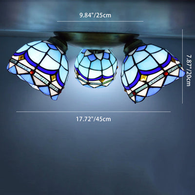 Traditional Tiffany Branch Round Square Glass Iron 3-Light Semi-Flush Mount Ceiling Light For Living Room