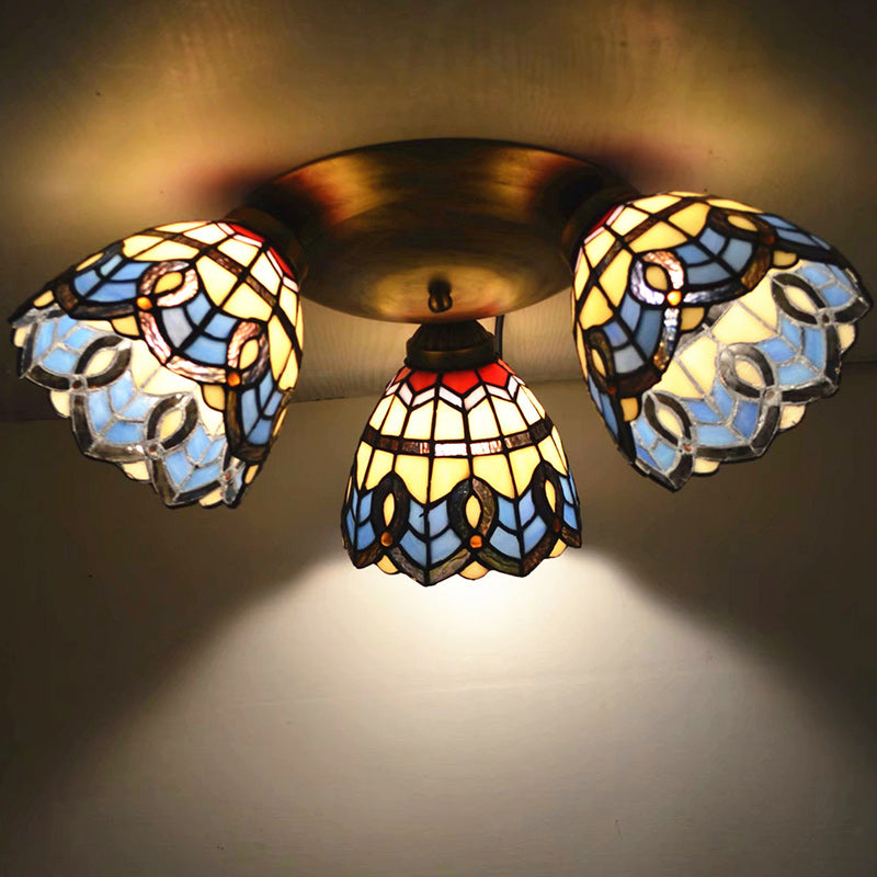 Traditional Tiffany Branch Round Square Glass Iron 3-Light Semi-Flush Mount Ceiling Light For Living Room