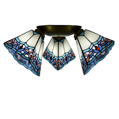 Traditional Tiffany Branch Round Square Glass Iron 3-Light Semi-Flush Mount Ceiling Light For Living Room