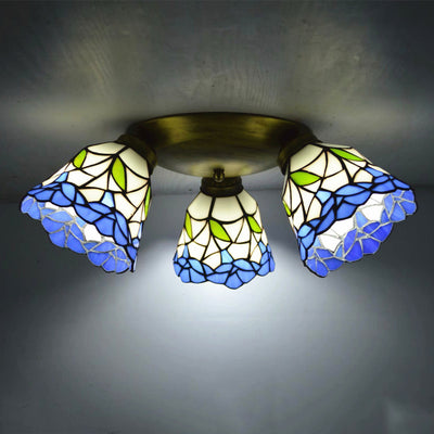 Traditional Tiffany Branch Round Square Glass Iron 3-Light Semi-Flush Mount Ceiling Light For Living Room