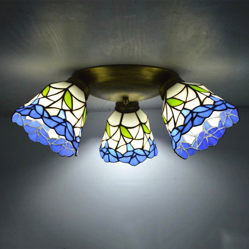 Traditional Tiffany Branch Round Square Glass Iron 3-Light Semi-Flush Mount Ceiling Light For Living Room