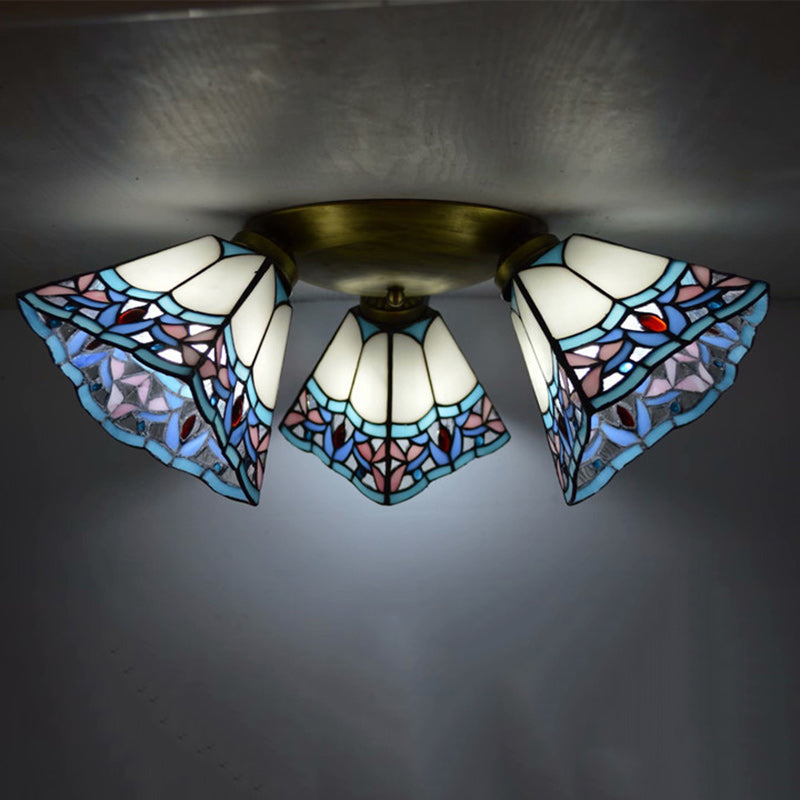 Traditional Tiffany Branch Round Square Glass Iron 3-Light Semi-Flush Mount Ceiling Light For Living Room