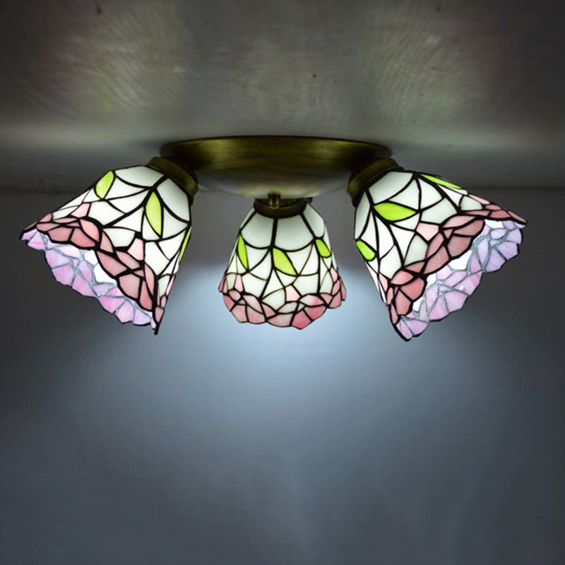 Traditional Tiffany Branch Round Square Glass Iron 3-Light Semi-Flush Mount Ceiling Light For Living Room