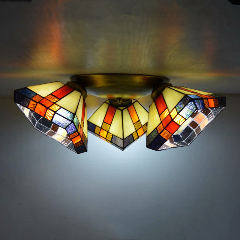 Traditional Tiffany Round Irregular Square Branch Glass Iron 3-Light Semi-Flush Mount Ceiling Light For Living Room