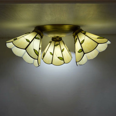 Traditional Tiffany Round Irregular Square Branch Glass Iron 3-Light Semi-Flush Mount Ceiling Light For Living Room