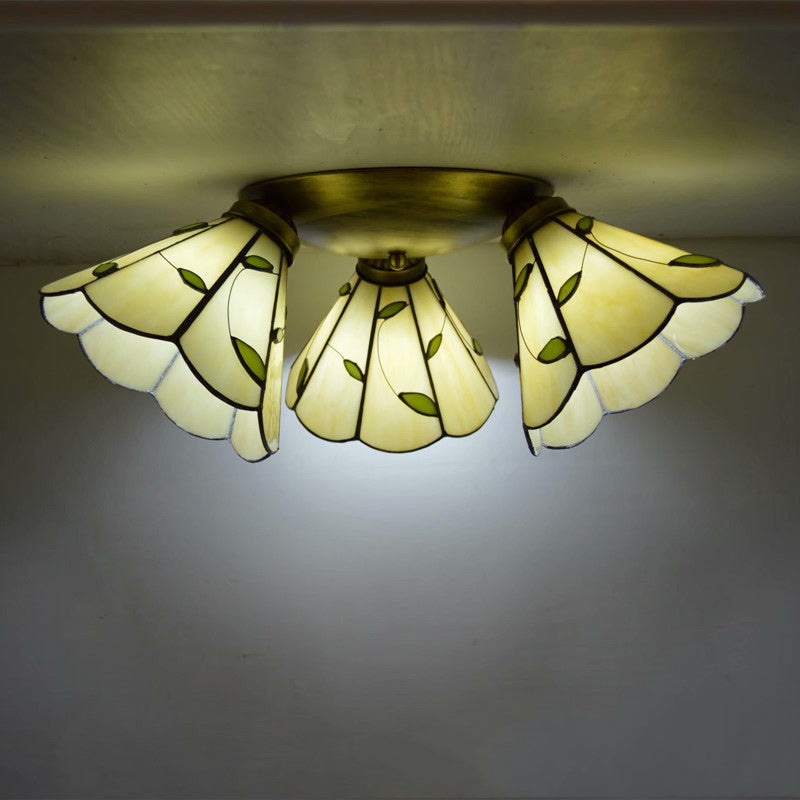 Traditional Tiffany Round Irregular Square Branch Glass Iron 3-Light Semi-Flush Mount Ceiling Light For Living Room