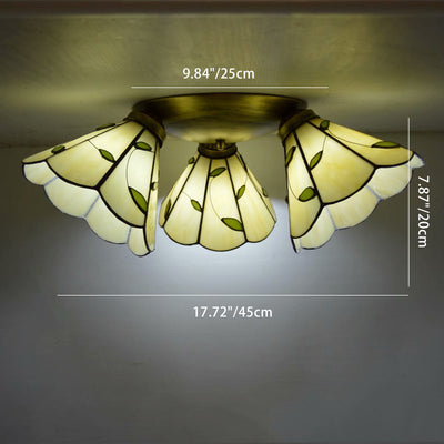 Traditional Tiffany Round Irregular Square Branch Glass Iron 3-Light Semi-Flush Mount Ceiling Light For Living Room