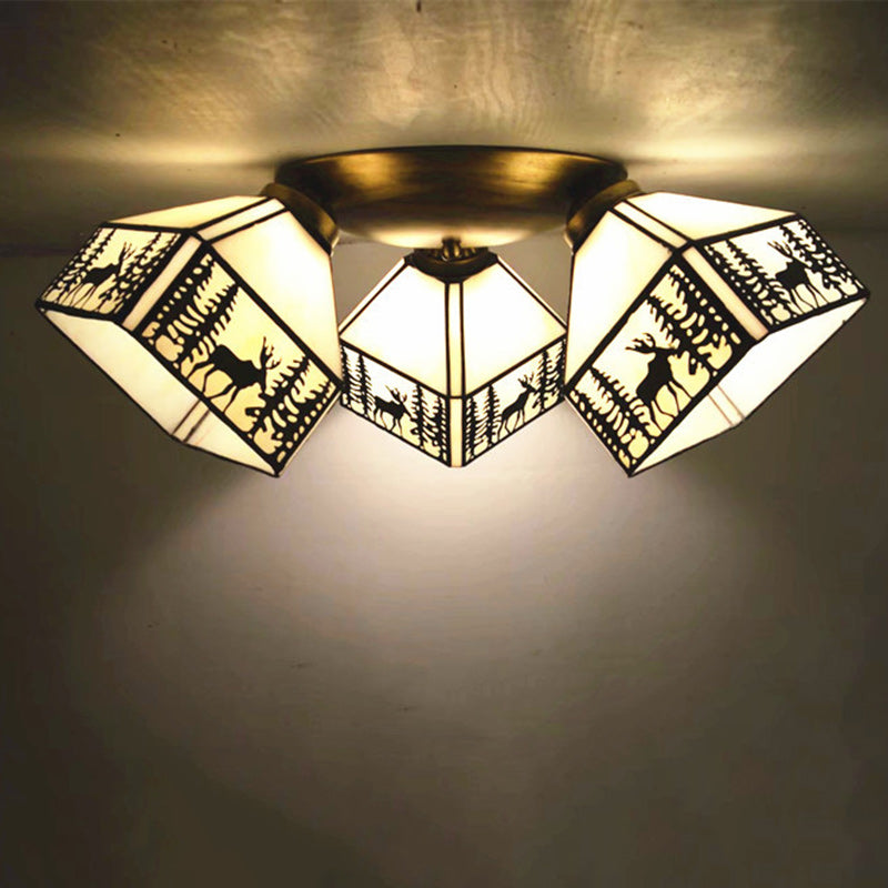 Traditional Tiffany Round Irregular Square Branch Glass Iron 3-Light Semi-Flush Mount Ceiling Light For Living Room