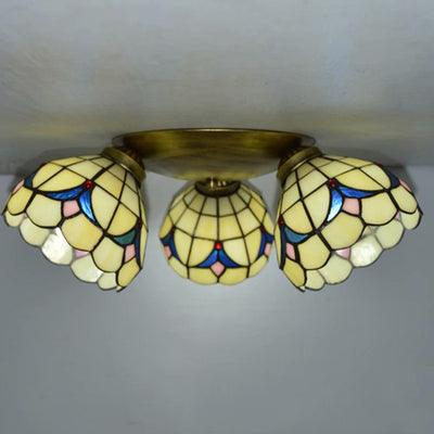 Traditional Tiffany Round Irregular Square Branch Glass Iron 3-Light Semi-Flush Mount Ceiling Light For Living Room