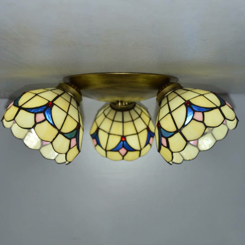 Traditional Tiffany Round Irregular Square Branch Glass Iron 3-Light Semi-Flush Mount Ceiling Light For Living Room