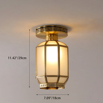 Traditional Chinese Cylinder Round Glass Copper 1-Light Semi-Flush Mount Ceiling Light For Living Room